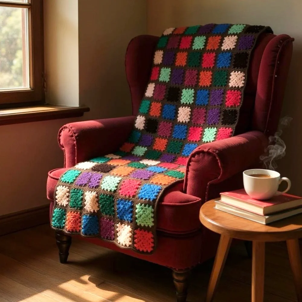 Granny Square Handmade Crochet Throw Brown Multi Chunky Funky Bohemian‎ Vintage